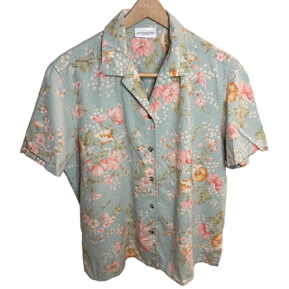 Jones New York Blue Tropical Floral Short Sleeved Button Up Top